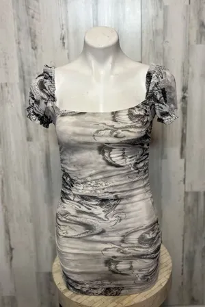 AKIRA Women’s Small Gray Dragon Print Mesh Mini Dress Puff Sleeve Ruched Bodycon thumbnail 1