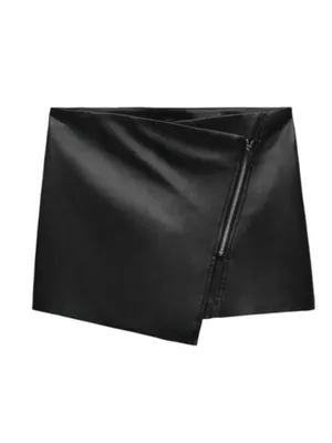 Zara Faux Leather Asymmetrical Wrap Skirt Zipper Closure Black M thumbnail 2