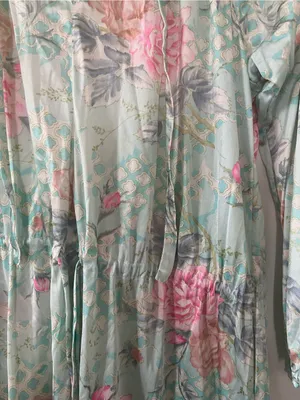 Floral Mint Green Pink Satin Maxi Dress Medium Spa Resort Lounge Caftan Beach thumbnail 5