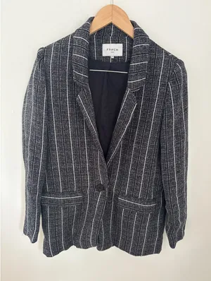 FRNCH Paris Womens‎ Black White Pinstripe Textured Single Button Blazer Jacket M thumbnail 1