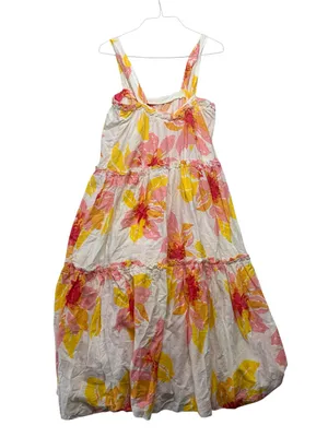Free People size small floral tropical White Tiered Sundress Pink Yellow Print thumbnail 10