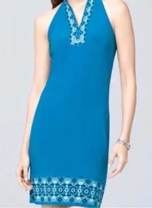 White House Black Market Beaded Turquoise Jersey Embroidered Shift Dress thumbnail 1