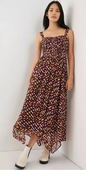 Anthropologie Maeve Sweetheart Maxi Dress Pockets Brown Red Polka Dot Size‎ 0 thumbnail 1