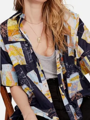 We The Free Love Letters Oversize Button Up Shirt Patchwork Floral Swiss Dot thumbnail 1