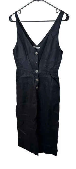 Reformation Black Linen Button Front V-Neck Wide Leg Jumpsuit‎ Womens Size 4 thumbnail 1