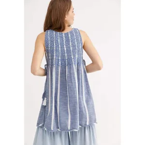 Free People Obi Posey Smocked Tank Top Striped Boho Hippie M Blue White Fringe thumbnail 3