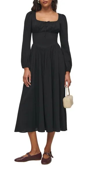 Reformation Oria Organic Cotton Long Sleeve Shirred V-Waist Scoop Midi Dress 0 thumbnail 1