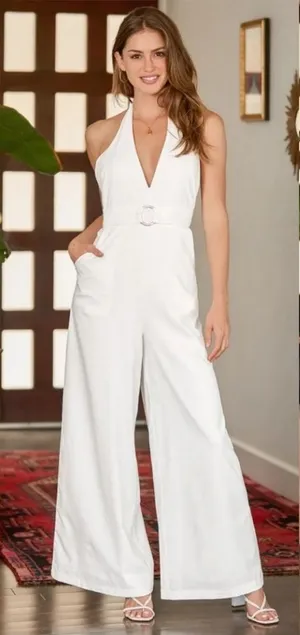 Lulu's “ring a ding-ding”‎ White halter wide leg linen Jumpsuit size small thumbnail 1