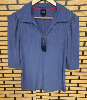 W5 Blue Ribbed Collar Top Size‎ Medium thumbnail 1