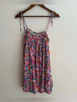 Sadie & Sage Floral Mini Dress Tie Shoulder Straps Smocked Pink Blue Large L thumbnail 7