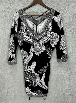 White House Black Market Mini‎ Dress Womens Small Paisley V Neck Ruched Boho Y2K thumbnail 1
