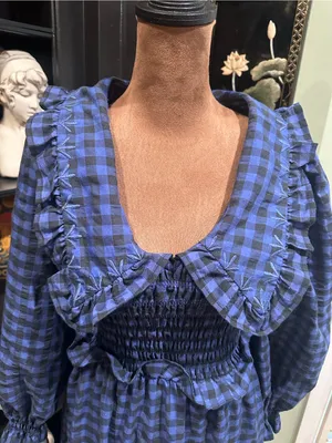 MANGO Blue & Black Gingham Smocked Babydoll Dress – Size 2 thumbnail 2