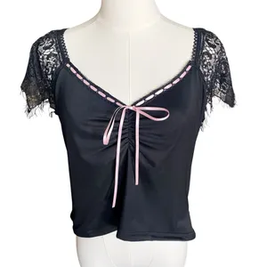 Dolls Kill Ribbon Lace Sleeve Crop Top thumbnail 1