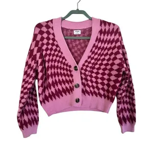 Cotton On Knit Cardigan Fluffy Optical Splice Berry Sz Small Checkered thumbnail 2