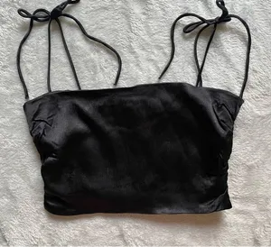 Zara Smocked Satin Bow Tie Strap Minimalist Chic Going Out Crop Party Top Small thumbnail 2