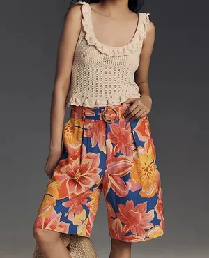 Farm Rio Linen Blend Belted Floral Bermuda Shorts, Size XS thumbnail 5