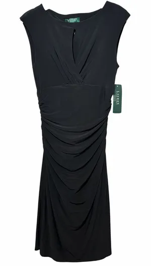 Ralph Lauren Black Draped Ruched Sheath Midi Dress Wedding Guest Date Night thumbnail 1