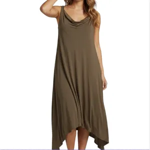 EILEEN FISHER Cowl Neck Jersey Knit Midi Dress Sz L Brown Coastal Relax Made USA thumbnail 2