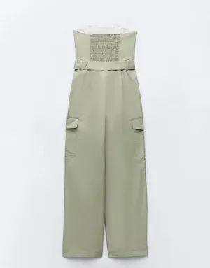 ZARA jumpsuit technical fabric cargo sleeveless wide streight leg light khaki thumbnail 10