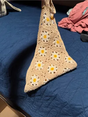 Handmade Crocheted Daisy Triangle Scarf in Beige, White & Yellow thumbnail 3
