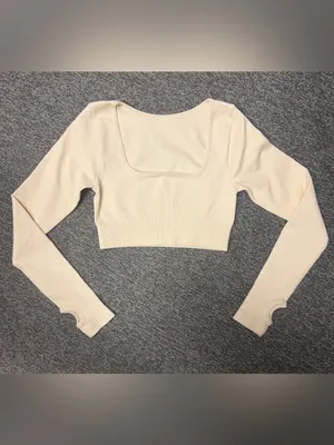 OQQ Cream Ribbed Square Neck Long Sleeve Crop Top Thumbholes Small NWOT thumbnail 2