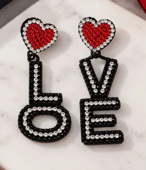 LOVE Heart Drop Earrings - Red & Black Crystal Letter Dangles W/ Seed Beads thumbnail 1