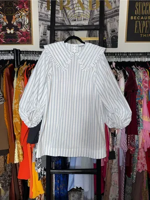 Ganni Blue White Stripe Balloon Sleeve Mini Dress Peter Pan Collar EU 38 US 6 thumbnail 4