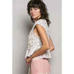 POL Round Neck‎ Lace Sleeveless Top with Double Gauze Ruffle - Small thumbnail 3