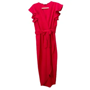 Amanda‎ Uprichard Red Martinique Midi Dress Ruffle Sleeve Tulip Hem Belt MEDIUM thumbnail 6