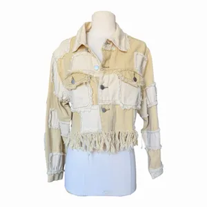 POL Patchwork Fringe Jacket Mixed Media Cropped Boho Raw Edge Button Front Small thumbnail 4