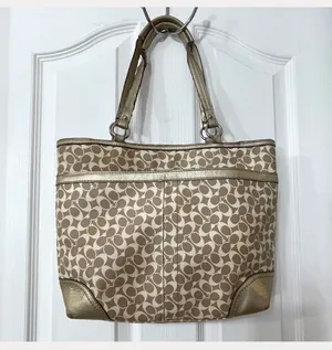 Coach Beige Signature Stripe Tote With Gold Trim thumbnail 2