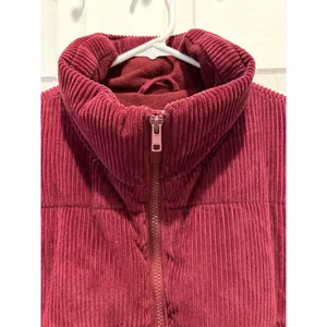 Old‎ Navy Womens Corduroy Puffer Jacket Burgundy Maroon Fleece Lined Large thumbnail 3