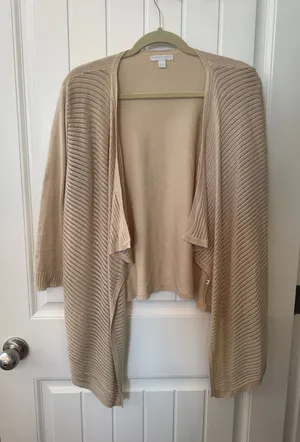 New York & Company Open-Front Draped Cardigan in Light Beige thumbnail 1