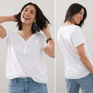 Chico’s 100% Linen Blue Stretch Henley Short Sleeves Tee, Sz Large thumbnail 11
