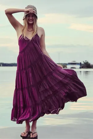 Free People Bohemian Witchy Horizon Coast Maxi Dress Dark Plum Large NWT thumbnail 1