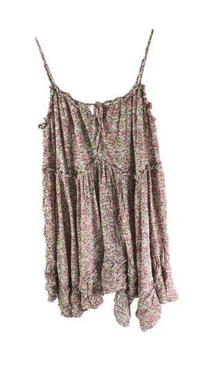 Scoop Floral Sleeveless Babydoll Mini Dress Ruffled Hem Pink Yellow M thumbnail 1