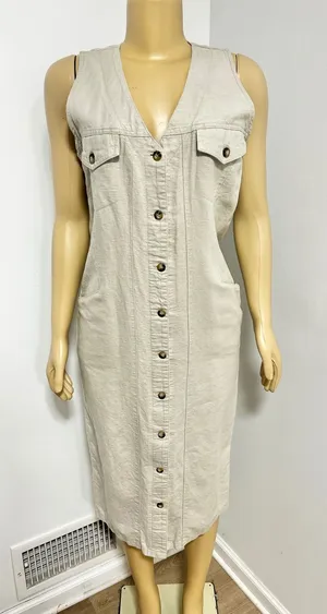 Beverly Hills Clothing Co Linen Blend Button Front Safari Midi Dress Beige Sz 8 thumbnail 1