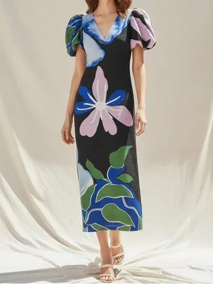ANTHROPOLOGIE Puff-Sleeve A-Line Maxi Dress, Black Floral, Small thumbnail 4