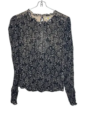 Boden Women's Top Ruffle‎ Georgette Round Neck Swing Paisley Blouse Black Sz. 10 thumbnail 1