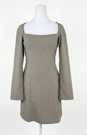 Zara Brown Micro Plaid Square Neck Dress Long Sleeve Mini Size Medium‎ M thumbnail 1