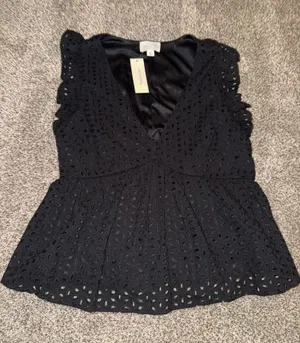 Jun & Ivy Black Eyelet Peplum V-Neck Blouse thumbnail 1