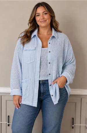 Andree by Unit Light Blue Textured Button-Up Jacket thumbnail 1
