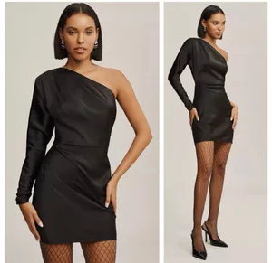 BHLDN Lucy Black Satin One Shoulder Ruched Mini Dress Size 8 NWT thumbnail 2