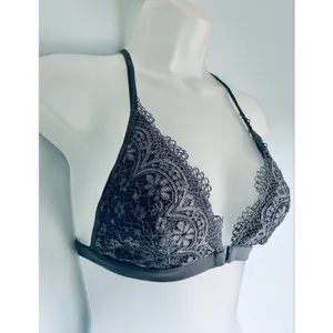 Victoria's Secret Triangle Bralette Gray Lace Floral Lined Front Closure Large thumbnail 2