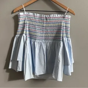 Belle + Sky Blue Off the Shoulder Peplum Top NWT Delight Blue Strip Size Small thumbnail 4