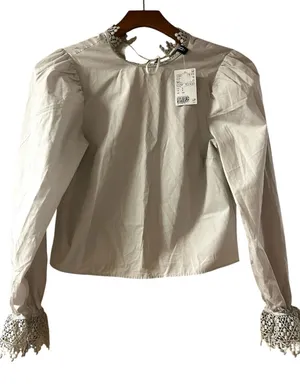 H&M Cream Long-Sleeve Blouse with Crochet Lace Cuffs thumbnail 1