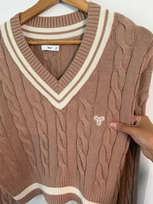 TNA Taupe Cable Knit V-Neck Sweater with Cream Trim Cropped thumbnail 2