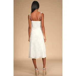 Lulus Loveliest Looks White Floral Jacquard Tie-Strap Midi Dress Medium NWT thumbnail 3