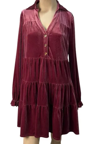 Easel Burgundy Velvet Babydoll‎ Tiered V-Neck Mini Dress Small Ruffle Flowy Boho thumbnail 1
