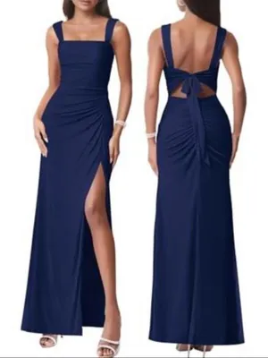 Women's Navy Blue Square-Neck Evening Dress with Back Tie m thumbnail 2